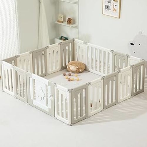 Baby Play Pen, 18 Panels Extra Large Baby Playpen, Foldable Play Pens for Babies and Toddlers, UFO Portable Kids Fence Gate Playpen Play Yard, Grey