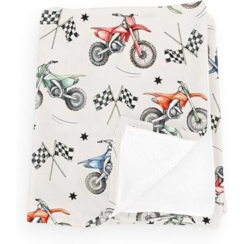 Vintage Motor Dirt Bike Baby Blankets for Boy Girl Cute Race Bikes Plaid Checker Flag Stars Flannel Blanket Fluffy Blanket for Baby Newborn Infant Toddler Kid Crib Bedding Bike 30x40inch