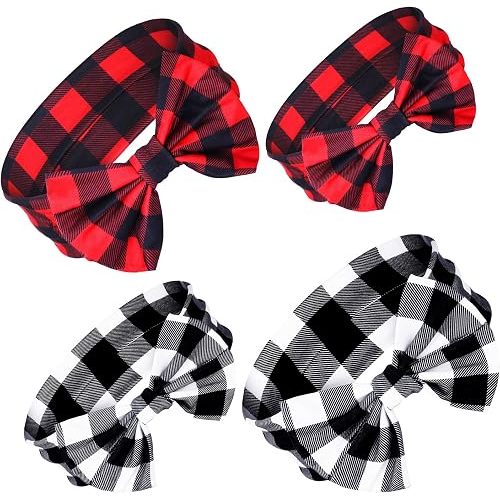 Syhood 4 Pieces Christmas Bowknot Headbands Red Black Buffalo Plaid Headband Christmas Bow Knot Headwrap for Mom and Baby Matching Cotton and Spandex Stretch Headbands