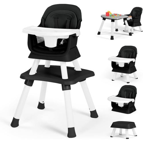 Kinder King 8 in 1 Baby High Chair, Coverts to Dining Booster Seat/Kids Table & Chair Set/Toddler Building Block Table/Kids Stool, Removable Tray & Double Seat Cover, Easy to Wipe, Black & White
