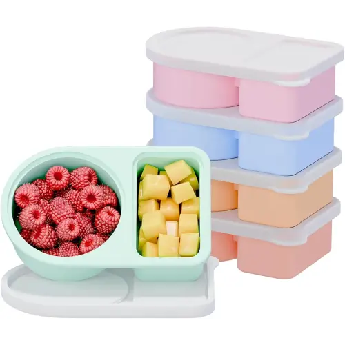 5 Pack Silicone Snack Containers, 2 Compartments Reusable Snackle Box with Lids, 8 oz, Rainbow