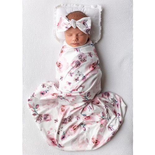 Newborn Floral Print Blanket Baby Stretch Wrap Swaddle Receiving Blanket with Matching Headband and Beanie (Purple and Pink)