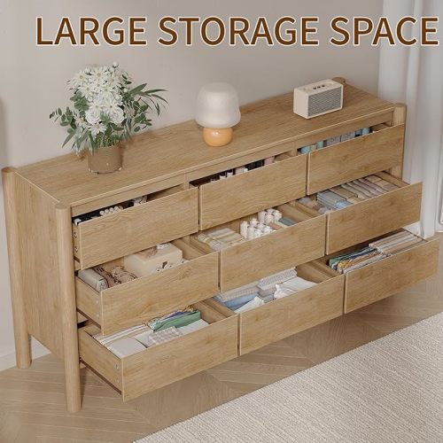 CHUWELL Dresser for Bedroom, 63" Wide Mid Century Modern Chest of Drawers with 9 Large Drawers and 4 Solid Wood Cylindrical Legs, 9 Drawer Large Dresser for Bedroom(Oak)