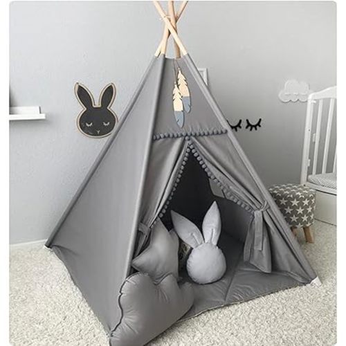 RONGFA Kids Teepee Tent with White Pom Pom - Indoor Play Teepee for Children Boys Portable Play House (Grey)