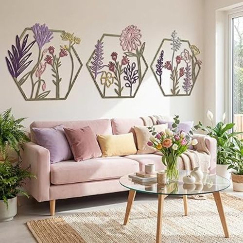 Peryiter 3Pcs Metal Flower Wall Decor Minimalist Floral Hanging, Colorful
