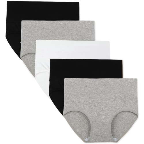 INNERSY Womens Underwear High Waist Cotton Briefs Postpartum Underwear 5- Pack (M, Black/White/Gray)