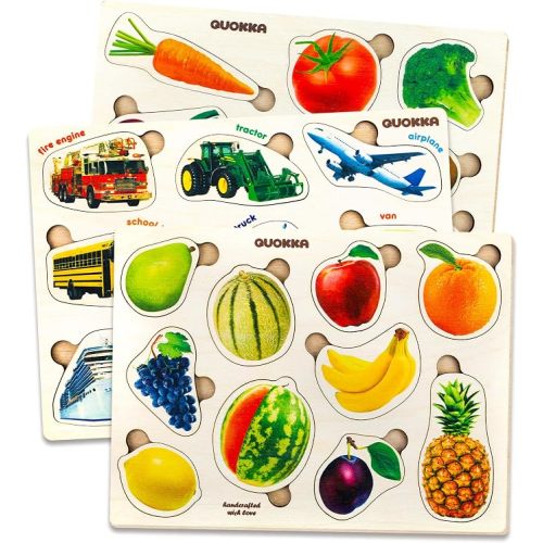 QUOKKA Wooden Puzzles for Toddlers 1-3 – 3xSET Kids Puzzles Ages 2-4 – Montessori Toy Puzzle for Toddlers 3-5 – Wood Toy Learning Realistic Fruits - Cars - Vegetables for Boy and Girl