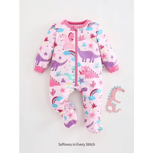 Cozy Pixies Newborn Baby Girls Cute Pink Autumn Cartoon Animal Dinosaur & Rainbow Elephant Print Soft Knitted Jumpsuit,Long Sleeves Footed Lounge Sleepwear | SHEIN USA