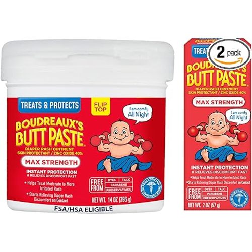 Boudreaux's Butt Paste Maximum Strength Diaper Rash Cream, Diaper Cream for Baby, Fast Relief & Overnight Protection for Moderate to More Irritated Rash, Pediatrician-Recommended, 2 oz & 14 oz