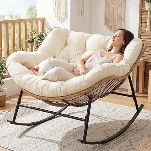 NICESOUL Papasan Rocking Chair with Cushion Indoor Outdoor, Oversized Padded Egg Rocking Chair, All-Weather Wicker Rattan Lounge Rocker, 450 lbs Capacity Glider for Living Room Balcony Porch, Beige