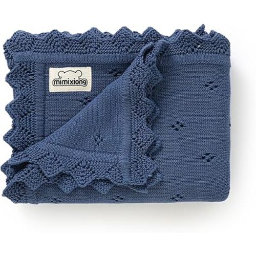 mimixiong Cotton Baby Blanket Knitted Crochet Receiving Crib Nursery Swaddling Blankets for Newborn Baby Boy Girl with The Bunny Rattle (Denim Blue)
