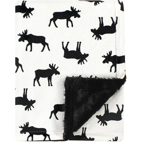 Hudson Baby Unisex Baby Plush Blanket with Furry Binding and Back, Moose, One Size