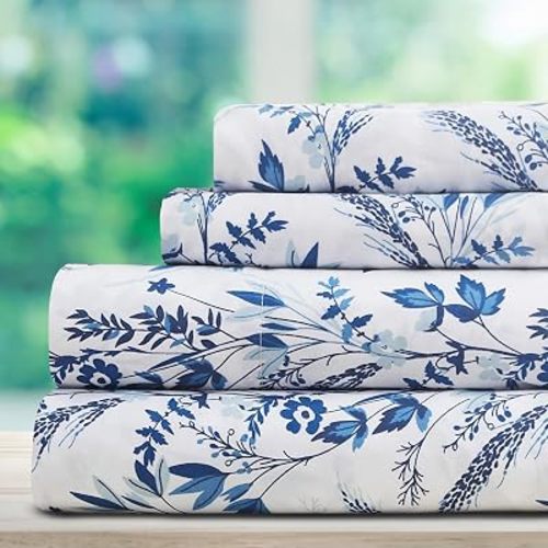 DREAMCARE King Size Sheets Set - 4 pcs Breathable Cooling Sheets - up to 15" Deep Pocket King Sheet Set with Side Pockets - Extra Soft 100% Brushed Hypoallergenic Hotel Luxury Bedding Floral Blue