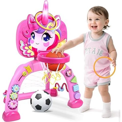 Marstone Toys for 1 Year Old Girl Gifts: Toddler Basketball Hoop and Soccer Goal with Sound and Music, Educational Sport Toys for Kids 1-3, 1st First 12-18 Month Birthday Present