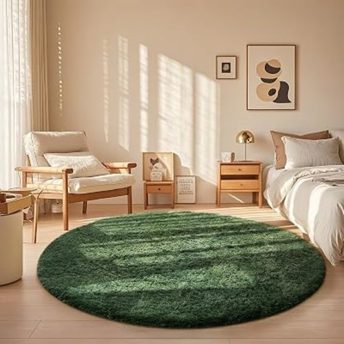 Ophanie Round Rug 5Ft Grey Green Circle Area Rug, Grayish Green Room Decor, Fluffy Fuzzy Bedroom Carpet,Plush Soft Shaggy Living Room Rugs for Kids Home Aesthetic,Nursery with Over 99 pcs Pile fibers