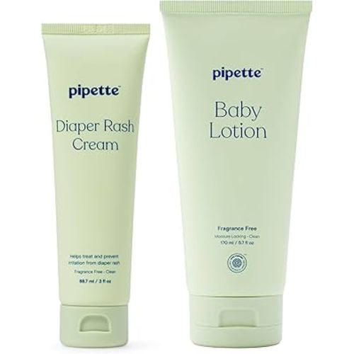 Pipette Fragrance Free Sensitive Skin Soothers Set, Pack of 2, Includes Fragrance Free Baby Lotion and Diaper Rash Cream, Baby Lotion for Newborn, Sensitive Skin, and Kids, Non-Toxic, Hypoallergenic