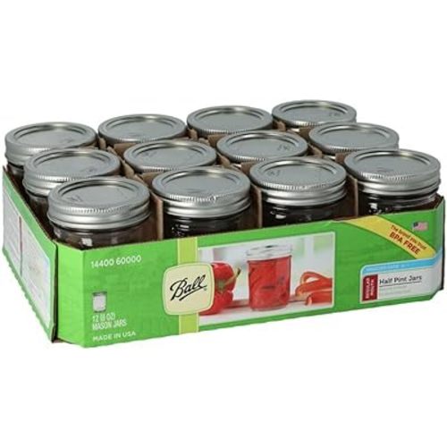 Ball Half Pint (8 oz.) Regular Mouth Glass Mason Jars w/ Cap - Set of 12 AEP