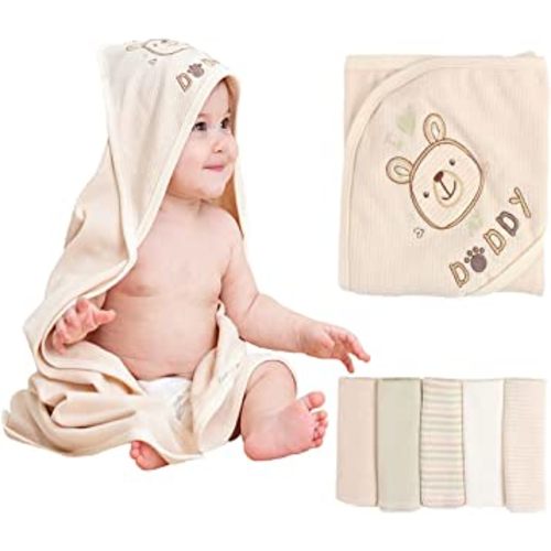 OasisBebe 6 Pack Baby Hooded Towel and Washcloths Set, Premium Ultra Soft Reusable Organic Cotton Baby Bath Towel for Infant and Toddler, Unisex Babies' Gifts (Multicolor-D)