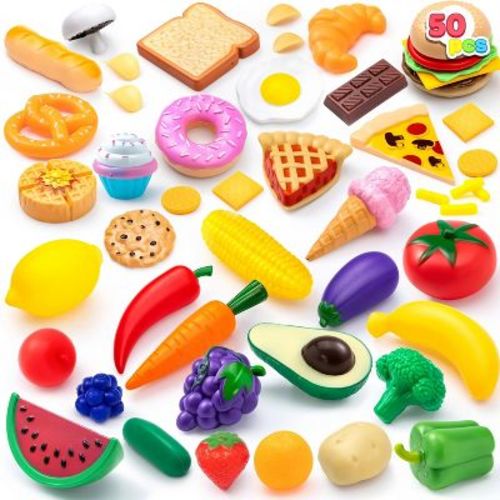Joyfy 50Pcs Kids Play Food Toys, Learning Toy,Pretend Play Kitchen Toys, Dinnerware, Dummy Fruits, Vegetables, Easter Birthday Gifts for Kids Toddlers