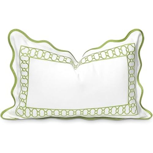 Hofdeco Premium Coastal Patio Indoor Outdoor Scalloped Lumbar Pillow Cover Only, 12"x20" Water Repellent for Backyard, Couch, Green Embroidered Begonia Pattern Chain Frame