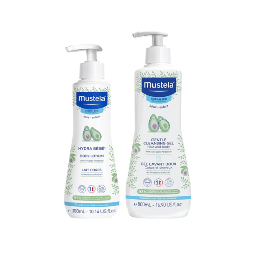 Mustela Baby Bath Time Gift Set - Baby Skin Care Essentials with Natural Avocado - Contains Hydra Bebe Body Lotion 10.14 fl. oz. & Gentle Cleansing Gel 16.9 fl. oz. - 2 Items Set