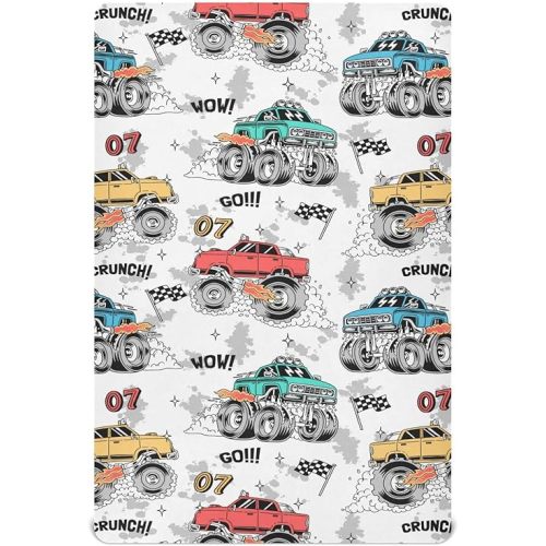 Monster Trucks White Baby Crib Sheets - Fitted Crib Sheet, Boys & Girls Cotton Crib Sheet for Standard Crib and Toddler Mattresses - M