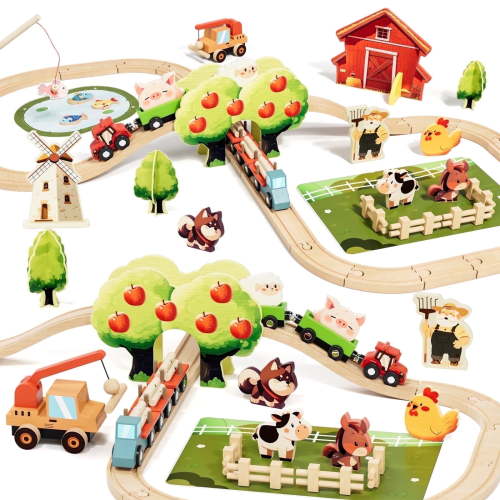 Train Set, Wooden Train Set for Kids, Train Toy for Boy 2 3 4 5 Year, Train Track Toy Set with Farm Accessories, Toy for 2 Year Old Kids Birthday Gift, Compatible with Other Brands
