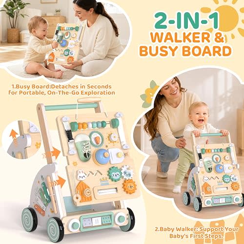 2 in 1 Wooden Baby Walker, Detachable Busy Board, Push Walker