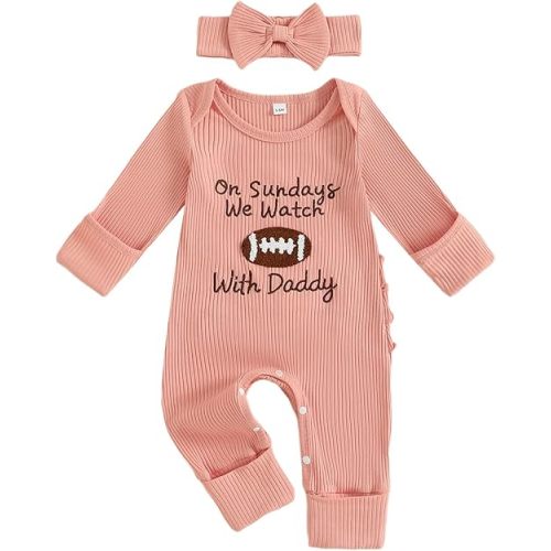 MERSARIPHY Infant Baby Boy Girl Football Outfit On Sundays We Watch Football With Daddy Football Season Romper Jumpsuit + Hat