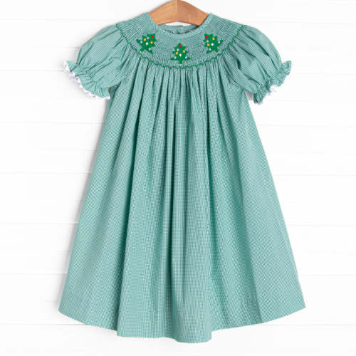 Christmas Tree Trio Smocked Dress, Green Gingham – Stitchy Fish