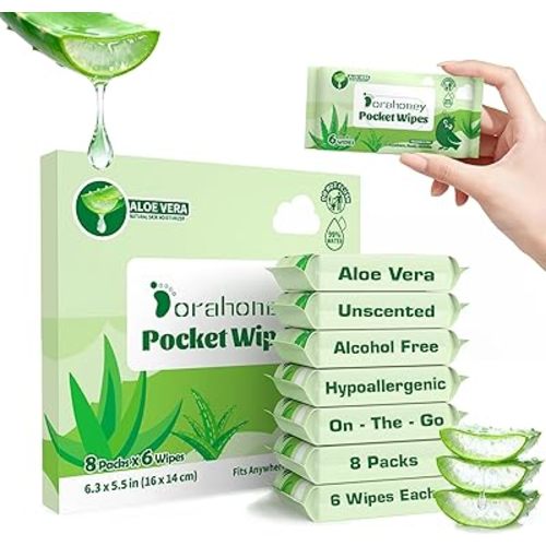 Unscented Wet Wipes Travel Size with Aloe Vera, Hypoallergenic Pocket Wipes for Sensitive Skin, 99% Water Moisturizing Mini Wipes Travel Essentials, 48 Count (8 Packs of 6)