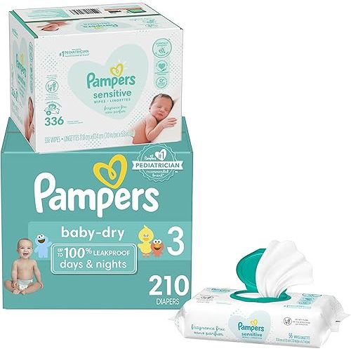 Diapers Size 3, 210 Count and Baby Wipes - Pampers Baby Dry Disposable Baby Diapers, ONE MONTH SUPPLY with Baby Wipes Sensitive 6X Pop-Top Packs, 336 Count (Packaging May Vary)