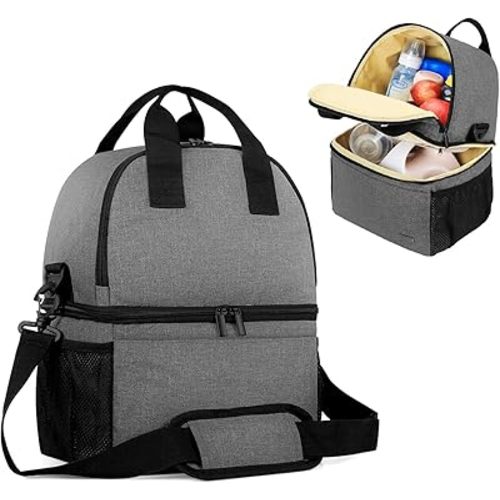 Teamoy Breast Pump Bag Tote with Cooler Compartment for Breast Pump, Cooler Bag, Breast Milk Bottles and More, Double Layer Pumping Bag for Working Moms, Gray