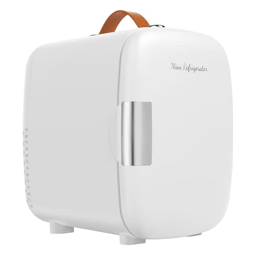 Sweetcrispy Mini Fridge for Bedroom, Office & Car, Portable 4L/4.23QT Mini Refrigerator for Skincare with Handle, Ultra-Quiet Energy-Saving Compact Cooler for Drinks, Food, Skincare & Makeup, AC/DC