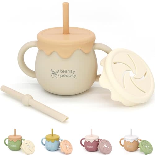Honey Pot 3-in-1 Silicone Sippy Cup with Straw & Snack Cup for 6 months+ 8.5oz, Baby Straw Cup for Unisex Baby Gift, Toddler Smoothie Cup, Baby Water Cup for BLW Training (Sandy Beige)