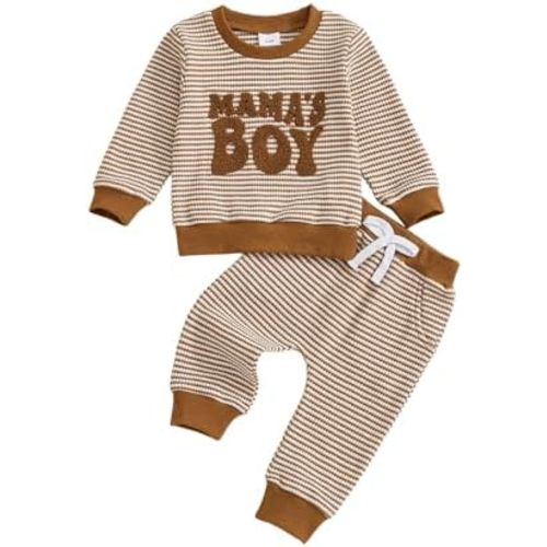 Douhoow Toddler Boy Valentines Day Outfit Stripe Letter Embroidery Crew Neck Long Tops and Heart Pants 2 Pcs Set