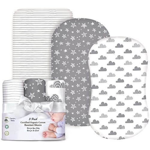 100% Organic Cotton Fitted Bassinet Sheets Perfectly Compatible with Halo, Snoo, Graco, and All Other Standard Size Bassinets. 3 Pk Adapts to Oval, Hourglass & Rectangle Shaped Bassinet Pads. Gray