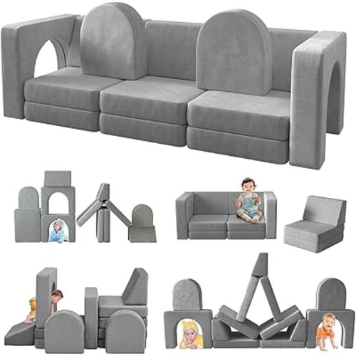 wanan Kids Couch 13PCS, Modular Kids Play Couch for Playroom Bedroom, 13 in 1 Multifunctional Kid Sofa for Playing, Creativing, Sleeping, Indoor Toddler Couches for Boys and Girls(Grey)