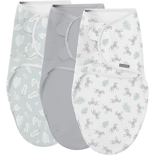 SwaddleMe by Ingenuity Original Swaddle with Easy-Change, 100% Cotton, Improves Sleep & Calms Startle Reflex, 0-3 Months, 3-Pack - Zebra Botanical