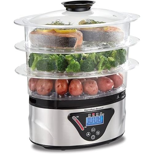 Hamilton Beach Digital Electric Food Steamer & Rice Cooker for Quick, Healthy Cooking with Stackable Three-Tier Bowls for Vegetables and Seafood, 8.25 Quart, Black & Stainless Steel