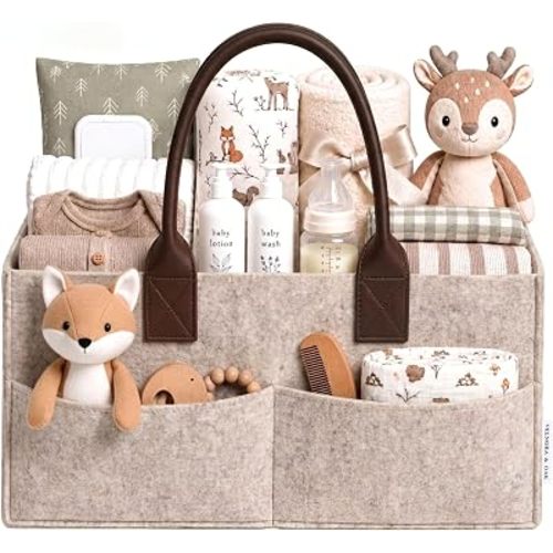 VELNORA & OAK Diaper Caddy Organizer, Portable Baby Diaper Organizer with Removable Dividers, Nursery Storage Basket, Changing Table Organizer, Baby Registry Gift, Newborn Essentials (Oatmeal)