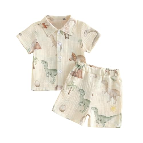 Kupretty Toddler Baby Boy Clothes Linen Summer Outfits Tropical Vacation Dinosaur Button Up Short Sleeves Shirts & Shorts