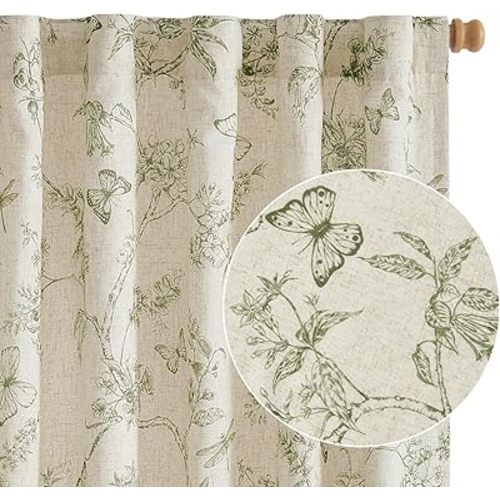 Lazzzy Green Floral Lined Linen Farmhouse Curtains 84 Inch Long Back Tab Drapes for Living Room Bedroom Light Filtering Vintage Rod Pocket, 2 Panels, Green on Beige
