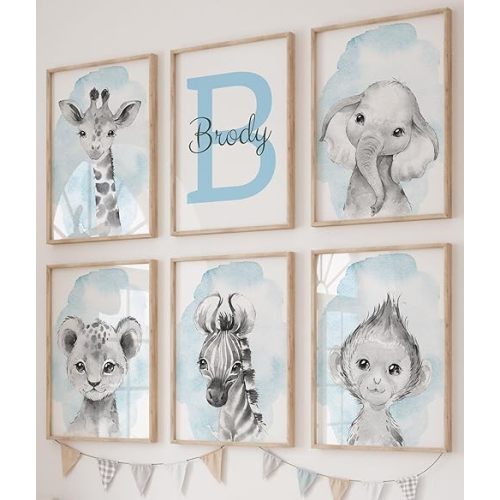 Personalized Safari Animals for Baby Boy Girl Nursery Bedroom, Unframed Set of 6 Poster Prints, Personalized Name Gray Blue Green Yellow Watercolor Splash Wall Art Decor, Gift Present, Elephant Giraffe Lion (8x10)