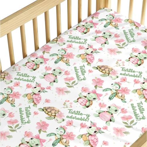 Baby Girls Standard Crib Sheet Sea Turtle Pink Green Floral, Turtley Adorable Flower Snug Fitted Mattress Covers, Soft Stretchy Breathable Nursery Kids Toddler Bed Decor Shower Gift 52 x 28
