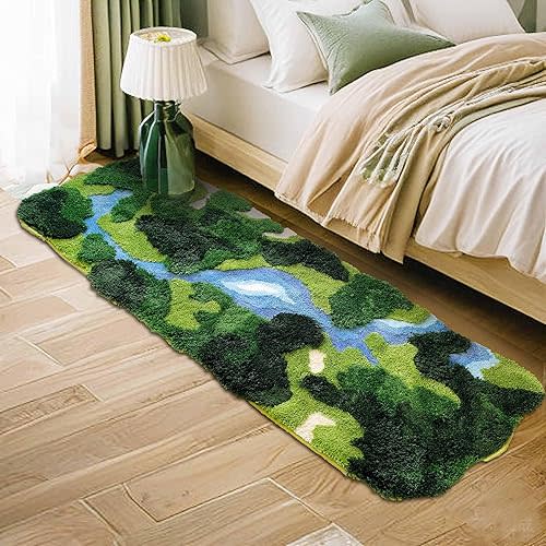 24"×68" Moss Hallway Runner Rug,Shag Carpet Leaf Bedroom Rugs Non Slip Bath Mat Laundry Rug Runner,Ultra Soft WashablePlant Leaves Shaped Kids Bedside Dorm Rug for Bedroom,Living Room Green