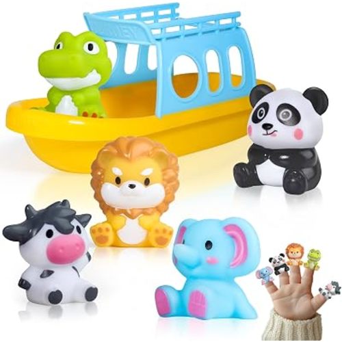 Oriate Bath Toys Set for 1+ Year Old, 5PCS Mold Free Silicone Animal Finger Puppets with BPA Free Boat, Montessori Sensory Learning Water Pool Bathtub Beach Toy, Summer Party Favors for Kids Toddlers