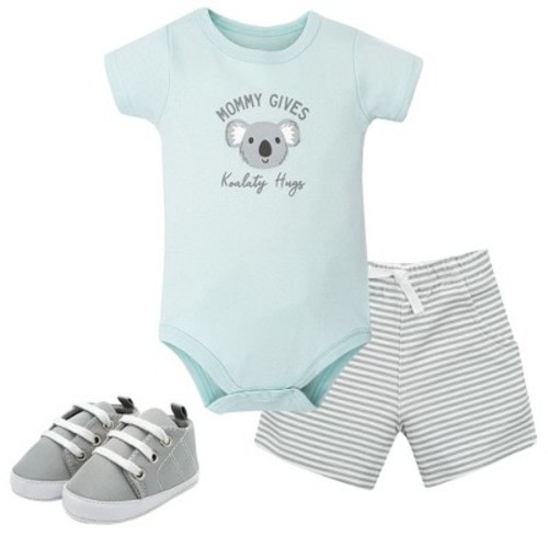 Hudson Baby Boy Cotton Bodysuit, Shorts and Shoe Set, Koala Hugs, 6-9 Months