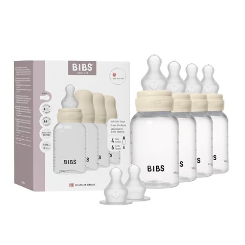 BIBS Plastic Baby Bottle, 5.1 oz, 4-Pack, Silicone Nipple, Ivory