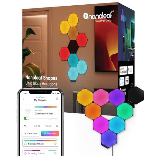 Nanoleaf Shapes LED Wall Lights, RGBW Smart Wall Panels with 16M+ Color, Compatible with Alexa & Google Assistant, Music Sync, DIY Gaming Light for Home Decor (Black Hexagons Smarter Kit 9 Pack)